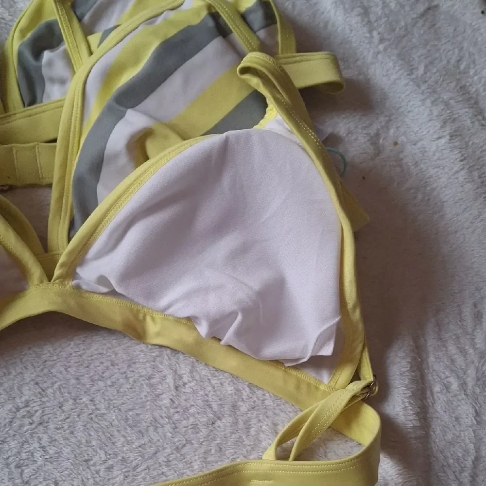 Kona Sol Yellow and Gray Striped Bikini Top Set of 3 (Swi024)